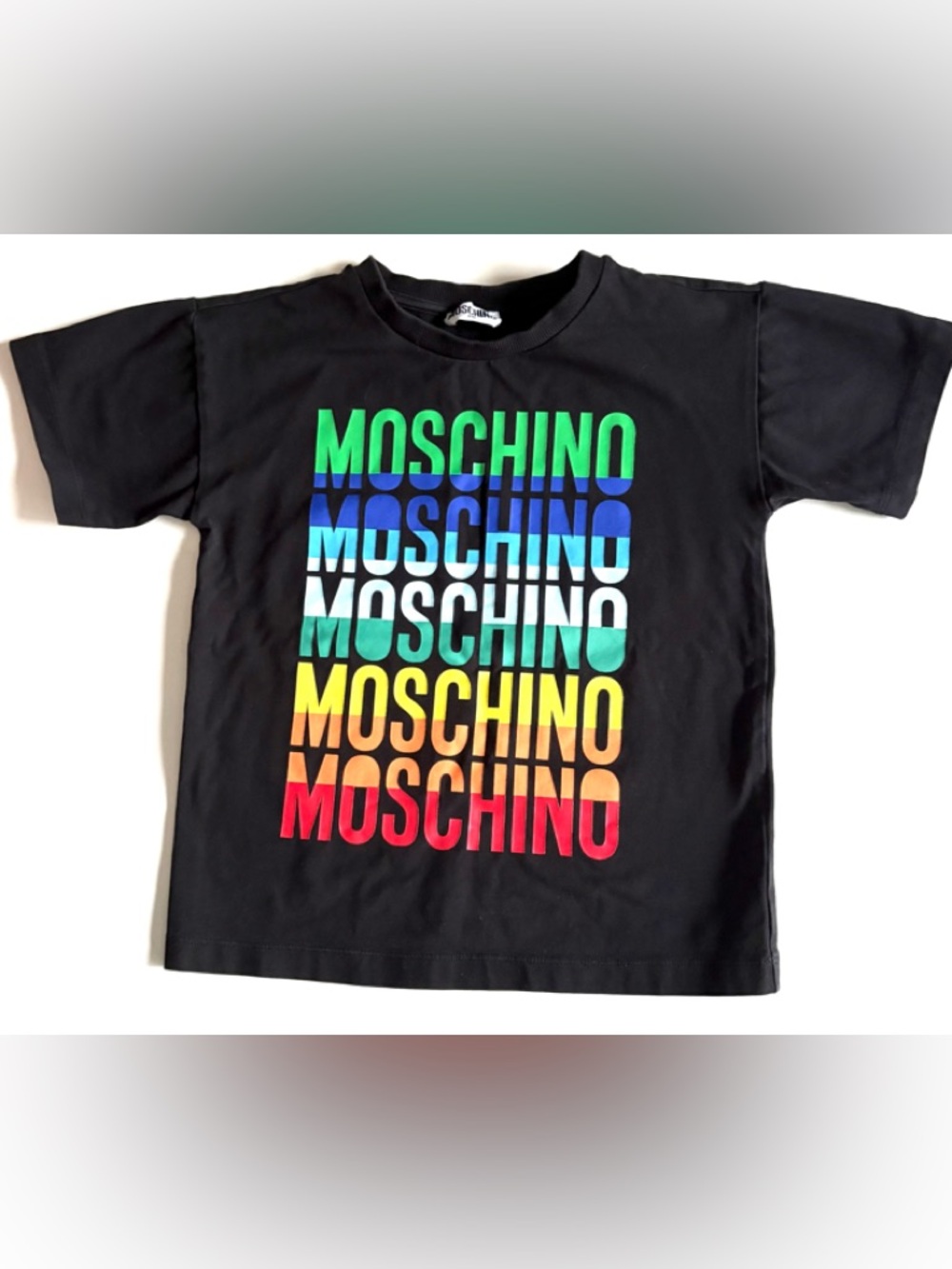 Moschino Black Tee with Rainbow Logo Gradient